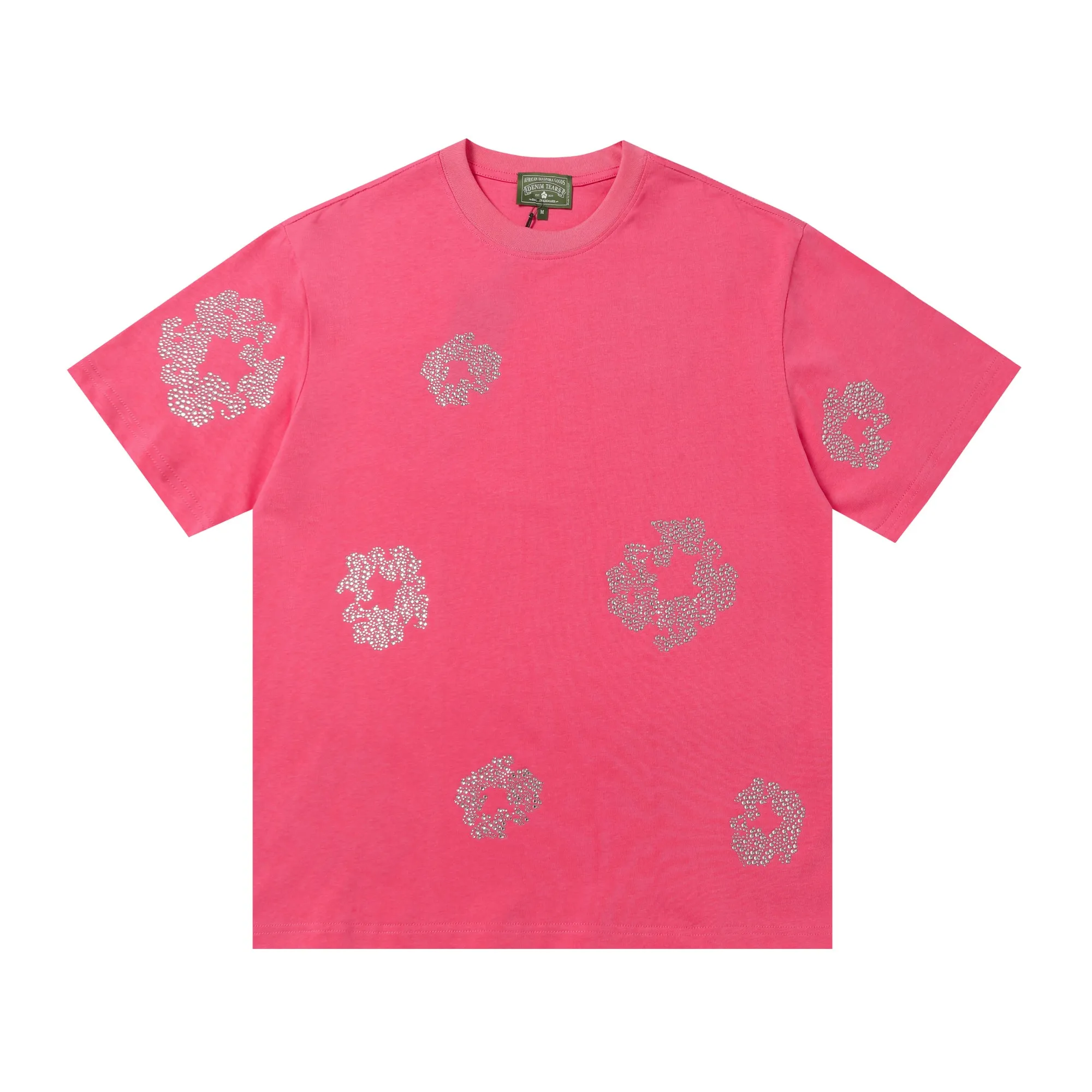 P104 205#DENIM TEARS Kapok European and American trendy brand high-quality crystal hot diamond short-sleeved suit Color: Black Gray Rose Red Size S-XL